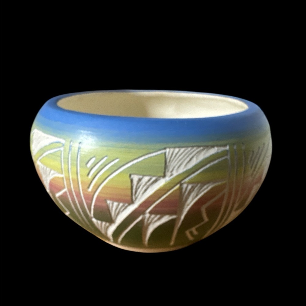 Artist signed “Sarah” Navajo Hand Etched Art Pottery Bowl. (1-M)